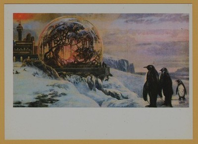 1976 Soviet Sci-Fi Antarctic Station Alien Plants Penguins Space Art Postcard