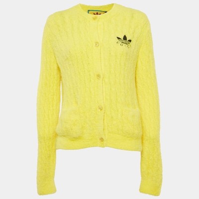 Gucci X Adidas Strickjacke gelb bestickt Kunstfell geknöpft XL