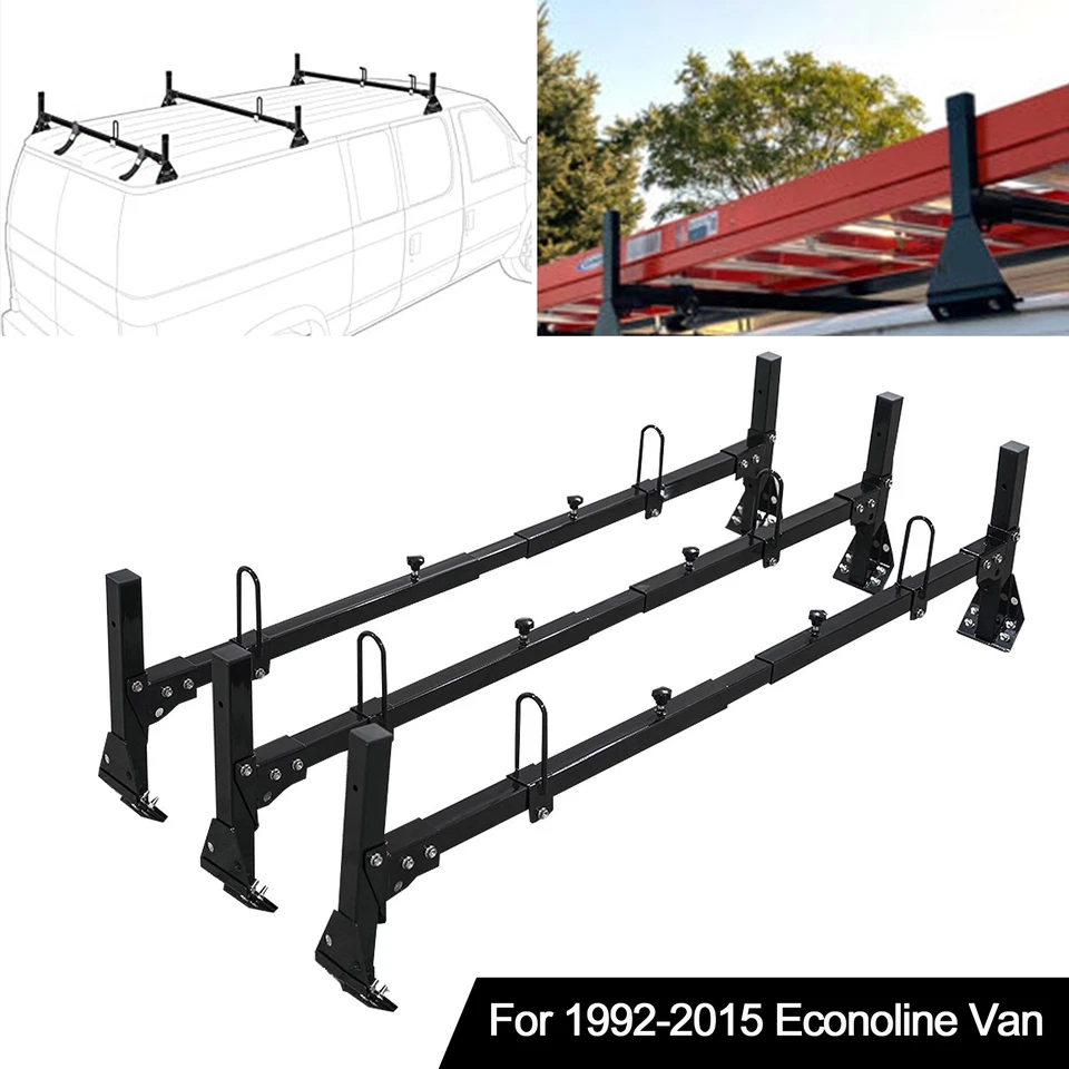 Fit For Ford Econoline Van 3 bar 1992-2015 Ladder Roof Racks Steel Black Rack Foto 3 de 4