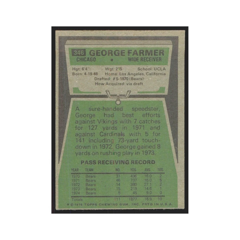 1975 Topps George Farmer Bears #346.0 - Image 2 of 3