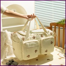 Baby Diaper Bag Cute Bear Flower Embroidery Pattern Mommy Bag Baby Beige Cotton