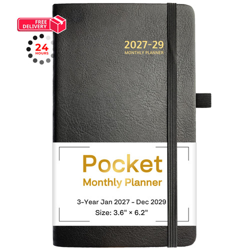 2027-2029 Pocket Monthly Planner, 3 Year Calendar 6.2'' x 3.6'', Black