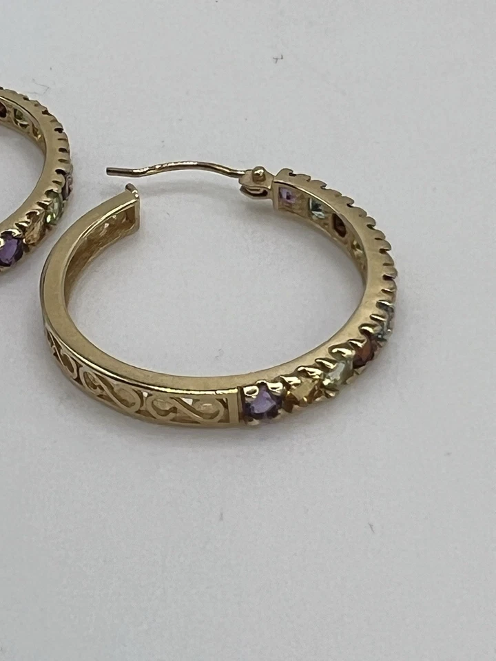 14K 金墨西哥多宝石环状耳环紫水晶石榴石橄榄黄水晶 3.7 克 — 第 4/4 张图片