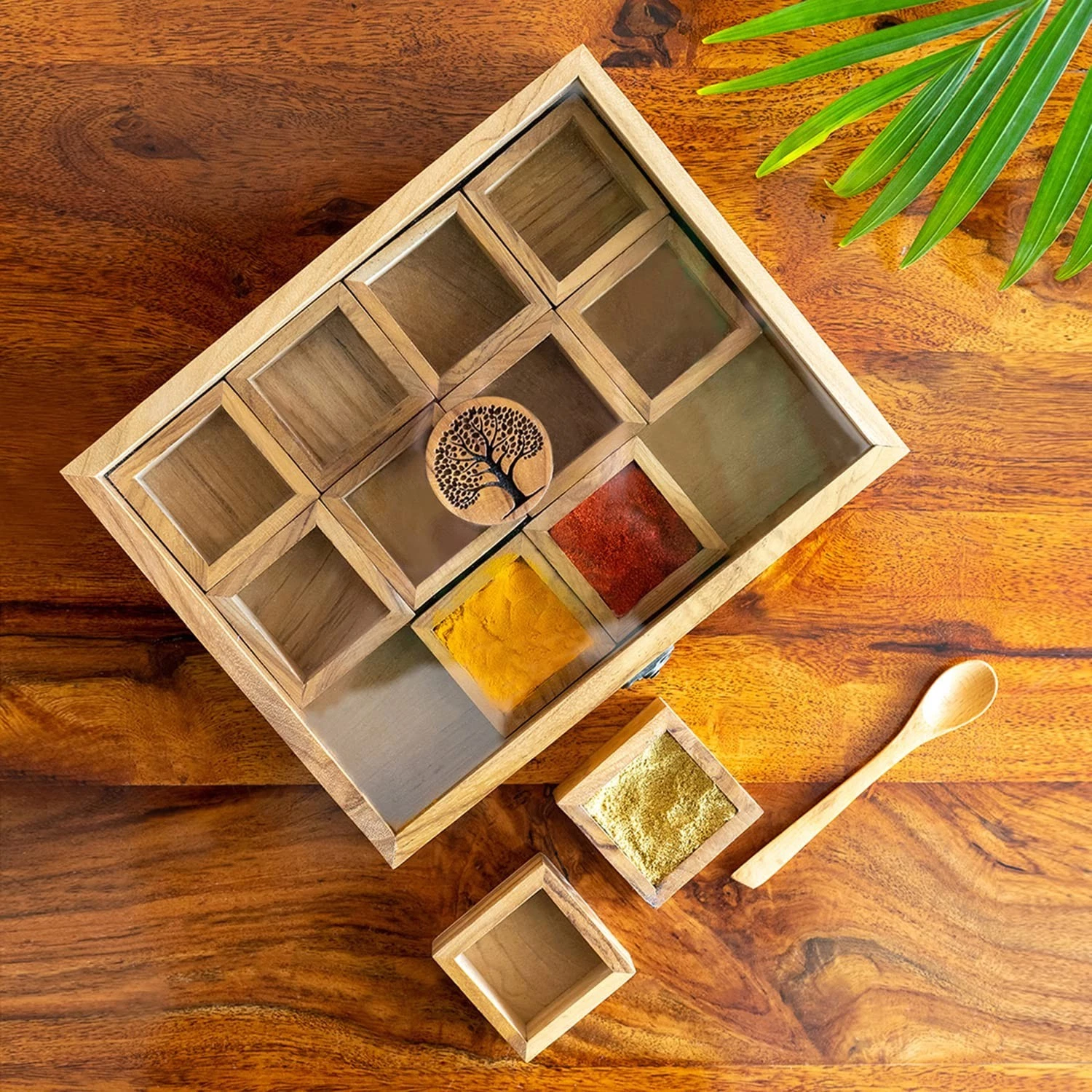 Tree Of Life' Wooden Spice Box for Kitchen with Spoon and 12 Containers 55 ML