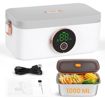 Cordless Electric Lunch Box, 1L Self Heating Lunch Box Battery Powered with Auto
