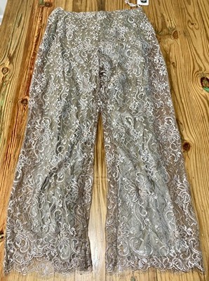 MUSE Shear Floral Pants Womens Size 12 Sage Green Lined Metallic Lace 30x30 NWT