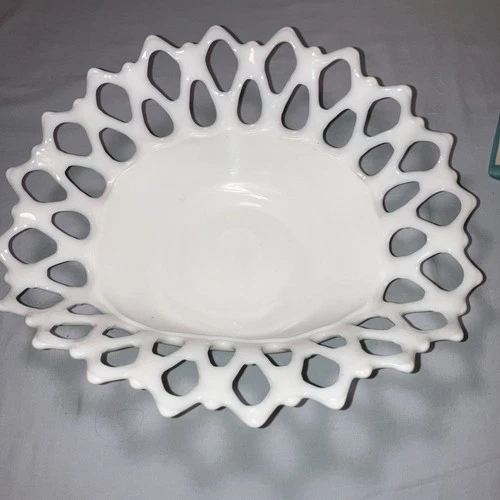 Vintage Westmoreland Milk Glass Doric Open Lace Oval Fruit Bowl