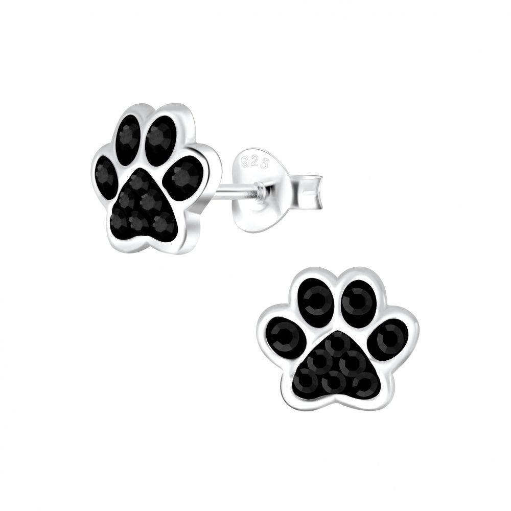 Jet Black Paw Print Stud Earrings in 925 Sterling Silver