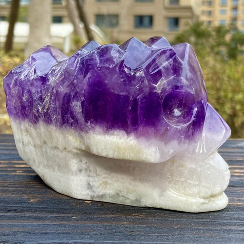 Teschio di quarzo ametista naturale 1,75 libbre cristallo intagliato a mano gemma Reiki guarigione - Foto 10 di 10