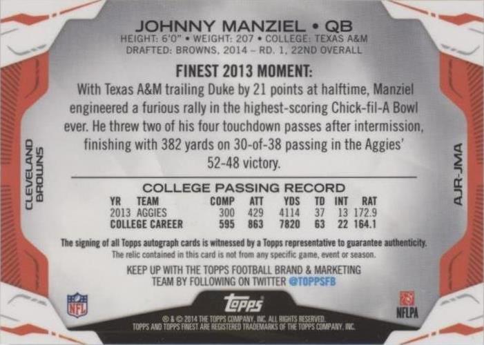 2014 Topps Finest Johnny Manziel #AJR-JMA for sale | eBay