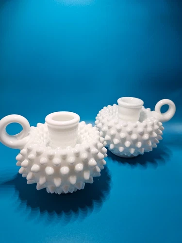 Set of 2 Fenton Hobnail White Milk Glass Single Finger Loop Handle Candle Holder