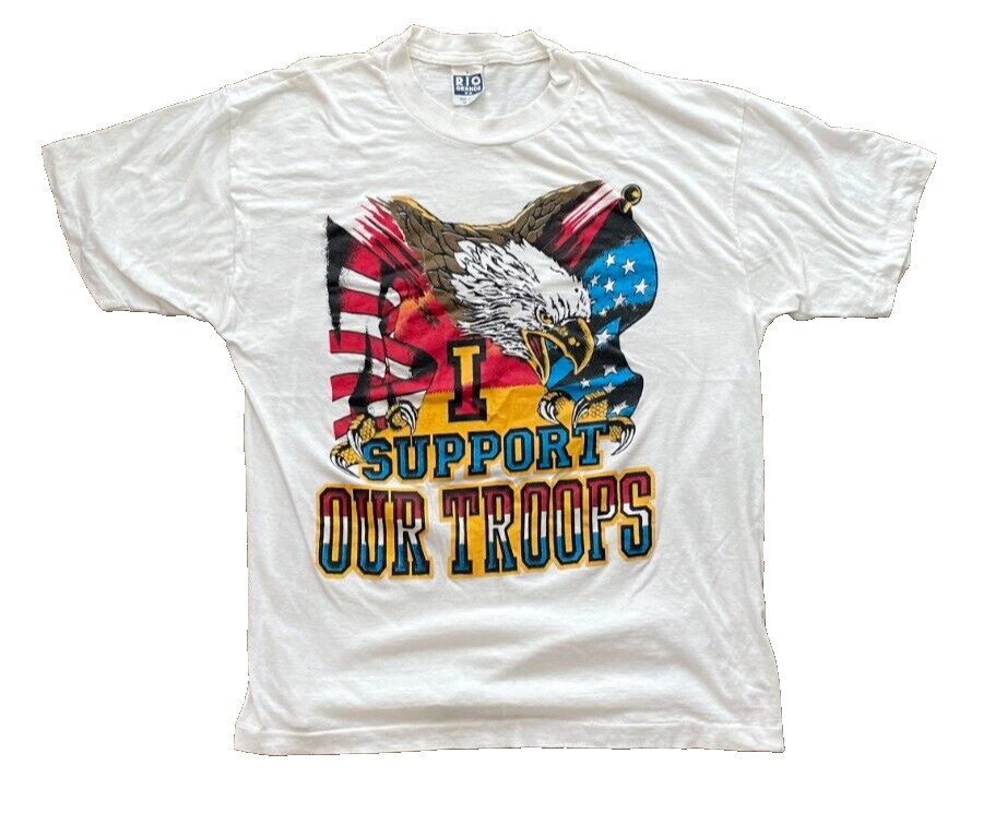 Vintage Medium/Large TEE White Support Our Troops Made In USA SINGLE STITCH
