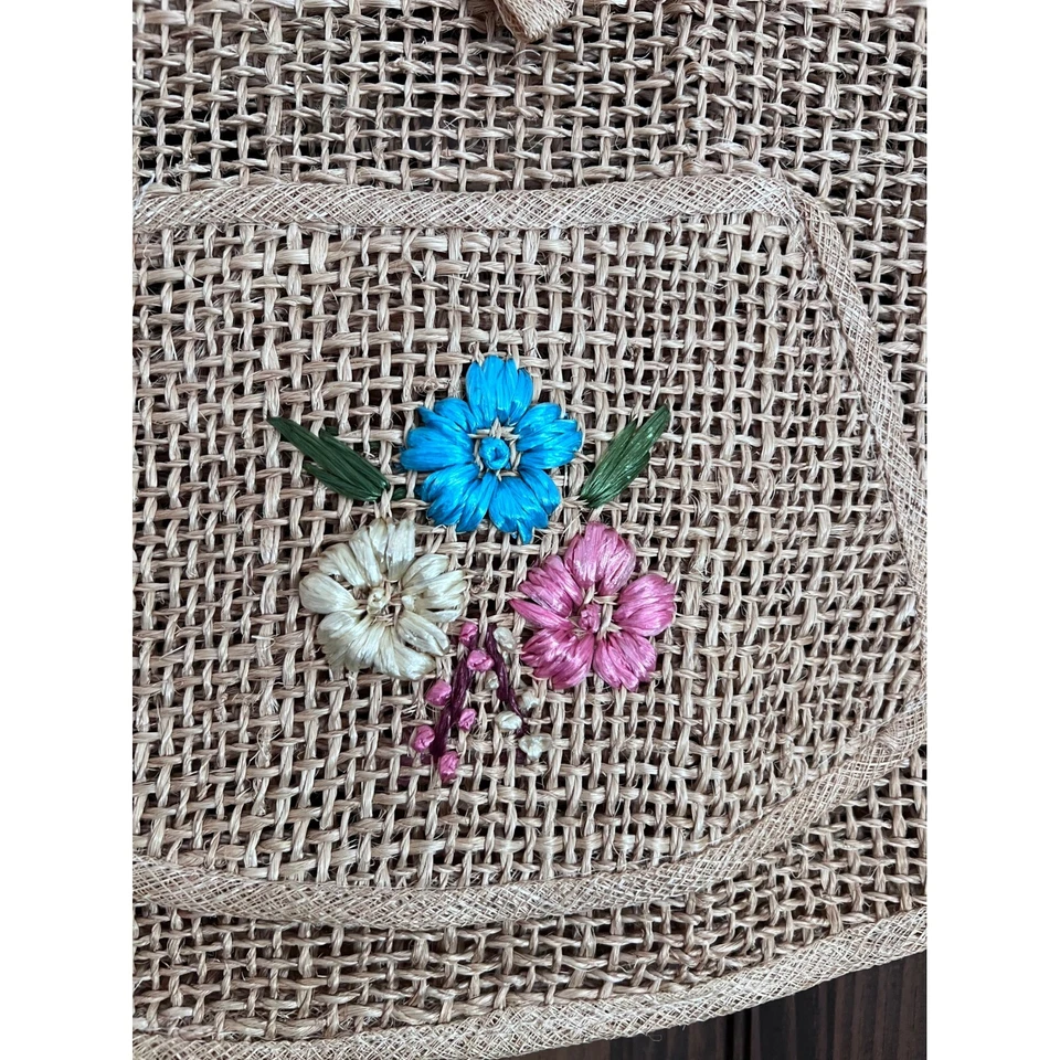 Bolso de Mano Vintage Tejido de Paja Cartera Apliques Florales Madera Cierre de Botón Foto 2 de 4