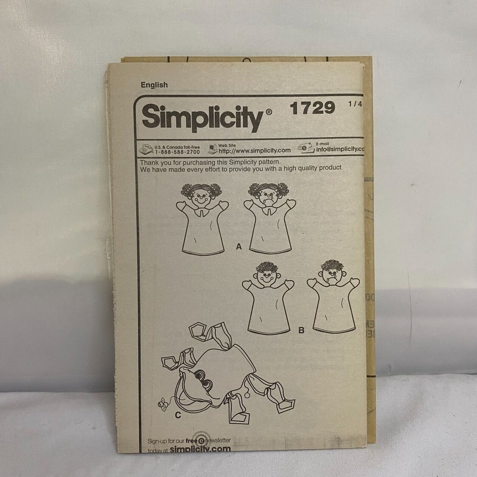 1729 Simplicity Hand Puppets Sewing Pattern eBay