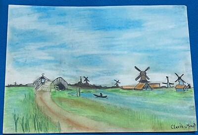 CLAUDE MONET drawing and painting on old paper signed stamped vintage