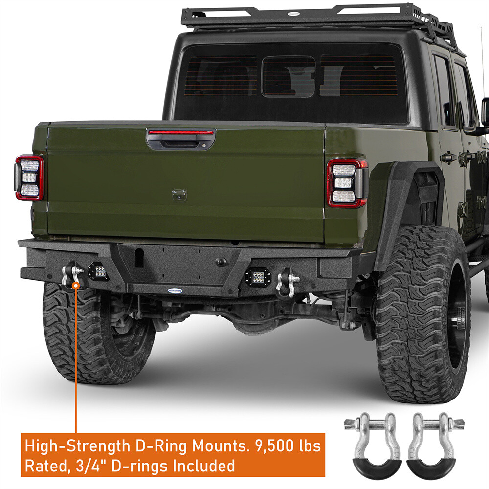 Hooke Road Rear Steel Bumper w/D-Rings & LED Lights For Jeep Gladiator JT 20-25