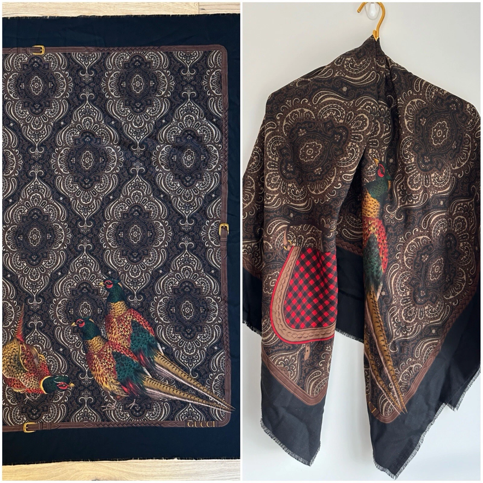 Gucci Foulard Vintage 100% Laine Made In Italy 53” x 53” Imprimé Faisan Carré