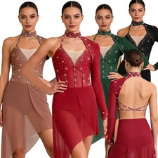 Women Dancewear Figure Skating Dress Single Long Sleeve Leotard Latin Ballroom