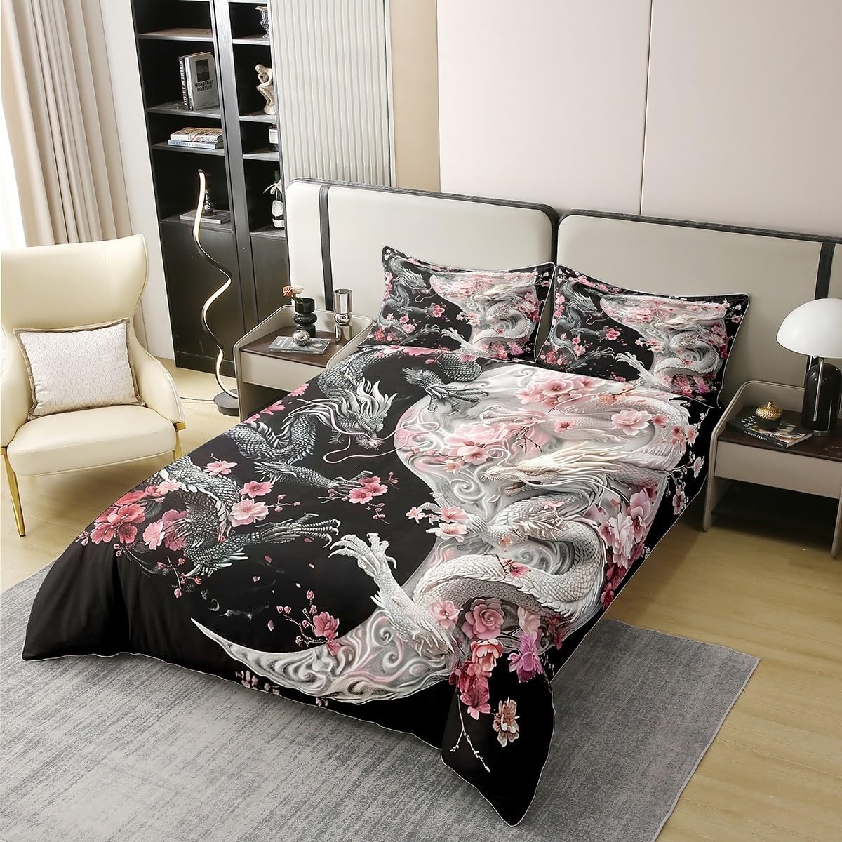 Chinese Style Dragon Bedding Set Yin-yang Geometric Duvet Cover Pink Flowers ...