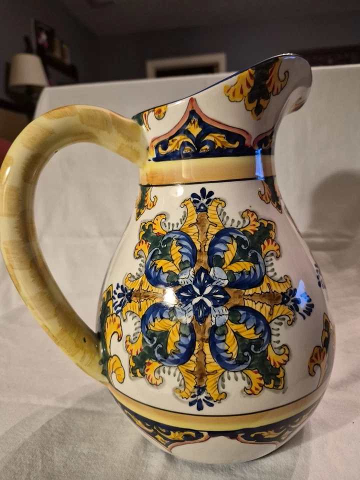 Large Vintage I. Godinger Centerpiece Italy Pitcher Blues Yellows Floral 11"×8" - Image 2 of 4