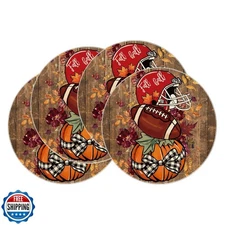 XCHI Fall Football Pumpkin Wood Round Placemats Set of 4 Table Mats for Party
