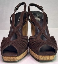 Prada Vintage Brown Suede Cork Platform Slingback Block Heel Sandals 39