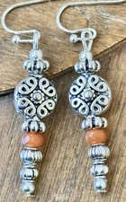 Etched Silver Flower with Apricot Czech Bead Dangle Earrings.
