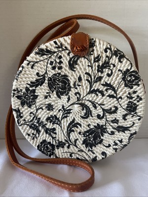 Round Straw Bag Shoulder Brown Natural Material Womens Weave Boxy Boho  Hippie