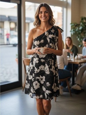 NWT Express Black and White Floral One Shoulder Mini Swing Dress Size Medium