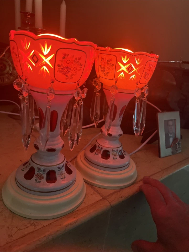 Victorian Era Pair of Czech/ Crystal, Bohemian Mantle Luster Lamps White & Red - Image 2 of 4