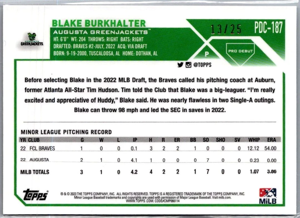 2023 Topps Pro Debut Chrome Orange Mini-Diamond Refractor /25 Blake Burkhalter - Image 2 of 2