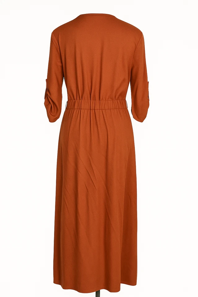 Maxi Vestido BB Dakota Rust Cinturón Delgado Talla 6 Manga con Pestaña Enrollable Frontal Abertura Estilo Otoño Foto 3 de 4