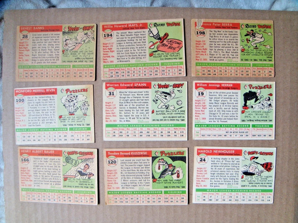 Lote vintage de béisbol 1955 Topps Willie Mays Ernie Banks Yogi Berra Spahn Newhous Foto 3 de 3