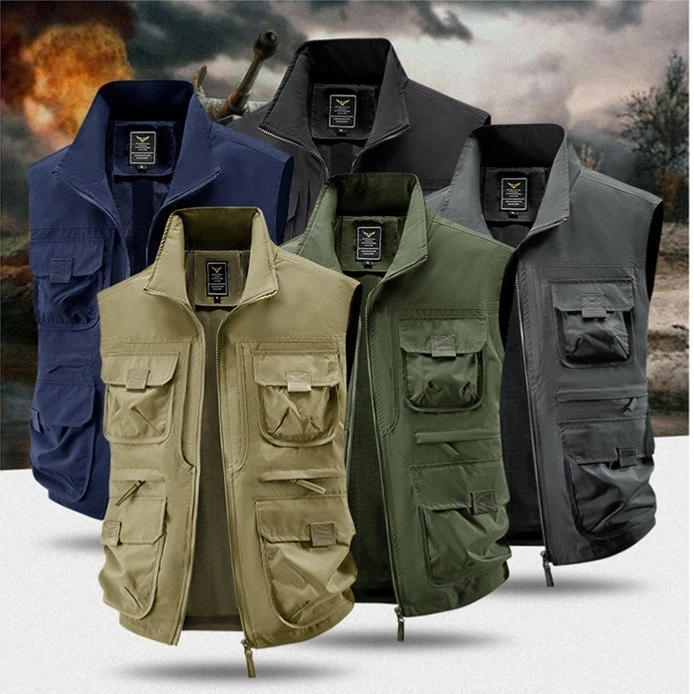 Outdoor Men Workwear Vest Zipper Multi Pockets Casual Hiking Vest Workwear Gilet