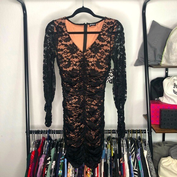 bisou bisou black lace dress Bisou Bisou Novelle Couture Tyra Ruched Lace Dress