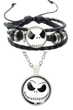 Jack Skellington Dome Pendant Necklace and Braided Bracelet Set