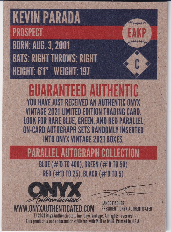 Kevin Parada - /25 Red Ink ((AUTO)) - 2021 Onyx Vintage - Image 2 of 2