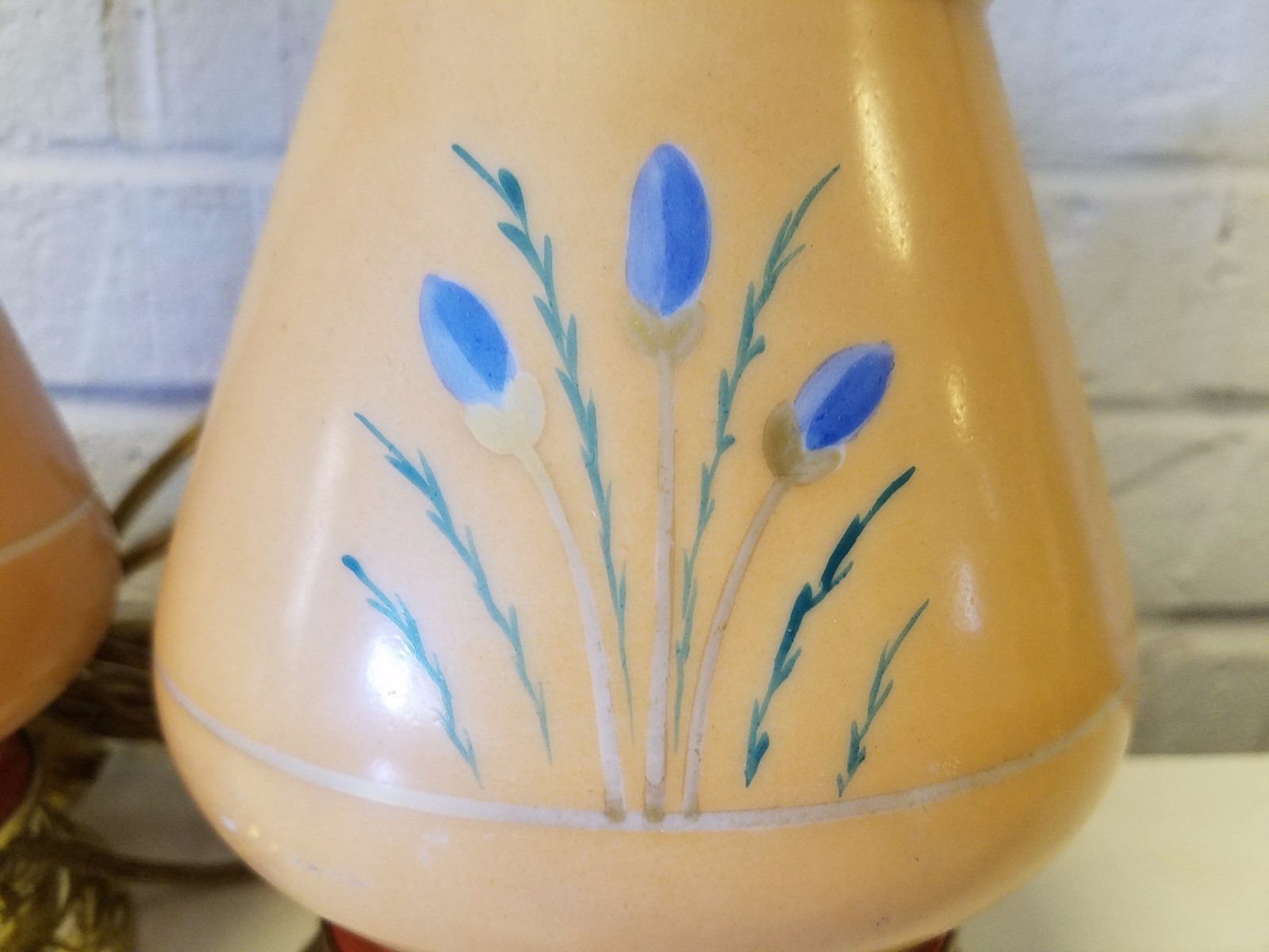 Vintage Porcelain and Brass Hand Painted Set of 2 Table Lamps with Floral Dec.