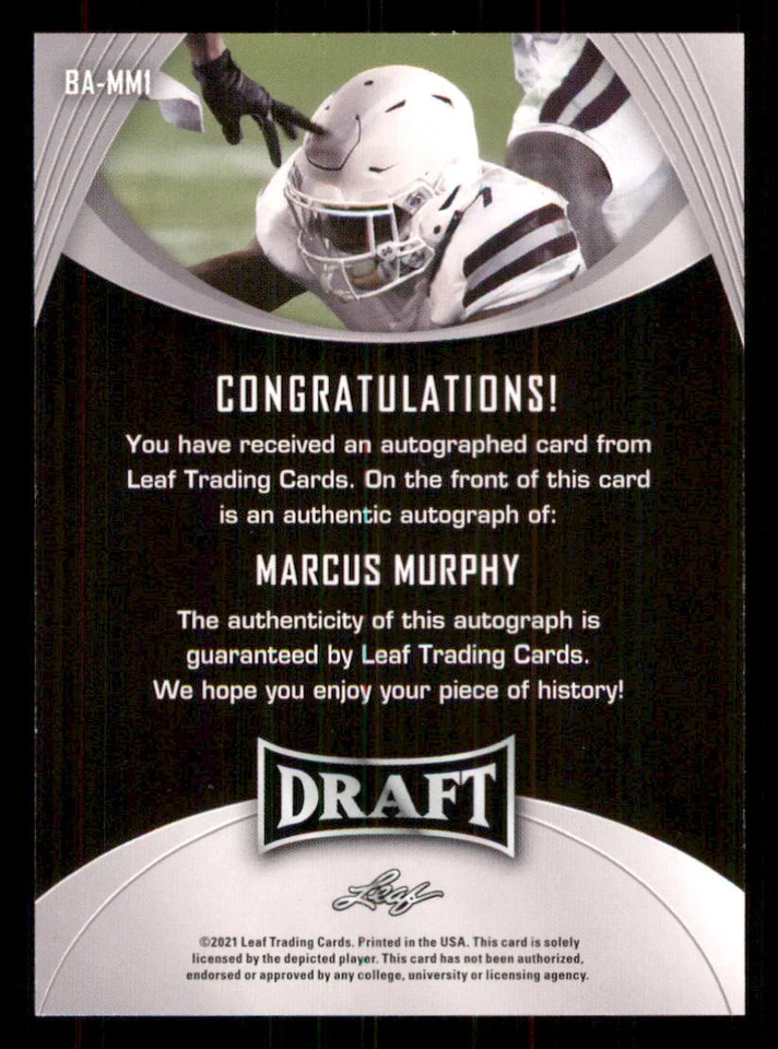 2021 Leaf Draft AUTO #BAMM1 Marcus Murphy - Image 2 of 2
