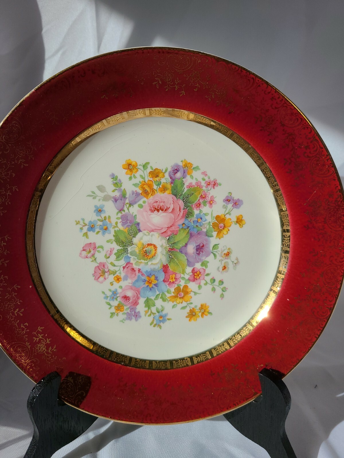 Vintage China Plate Maroon Flowers 23 Karat Encrusted Gold Century By