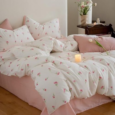 Sedefen Housse de Couette 200x200 Blanc Rose Tulipes Feuilles Fleurs Ado Adultes