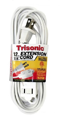 12 FT White Extension Cord, 16 Gauge Power Cord with 3 Recepacle Cube Tap UL