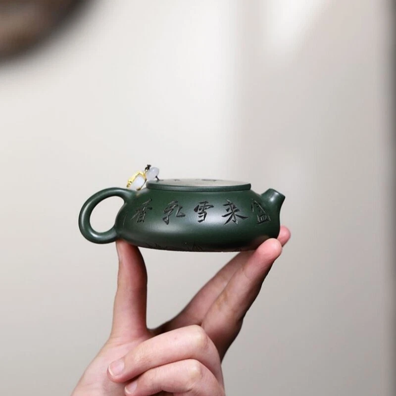 Tetera Completa Hecha a Mano Floral Tallada Real Yixing Zisha Arcilla Verde Olla Maestra Nueva Foto 4 de 4