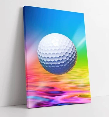 GOLF BALL FLOATING ABOVE COLOURFUL WATER FRAMED CANVAS WALL ART PICTURE PRINT - Image 1 of 2