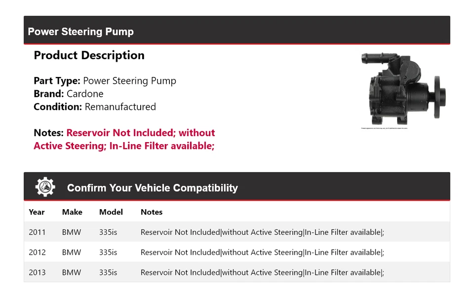 Bomba de dirección asistida Cardone 2012 para BMW 335is 2011-2013 Foto 2 de 4