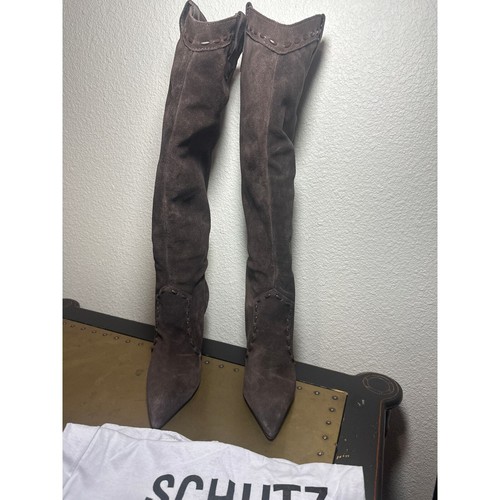 Schutz Revolve Pointed Toe Stiletto Heel Boot Tall Western Pull On Suede Brown - Picture 4 of 9