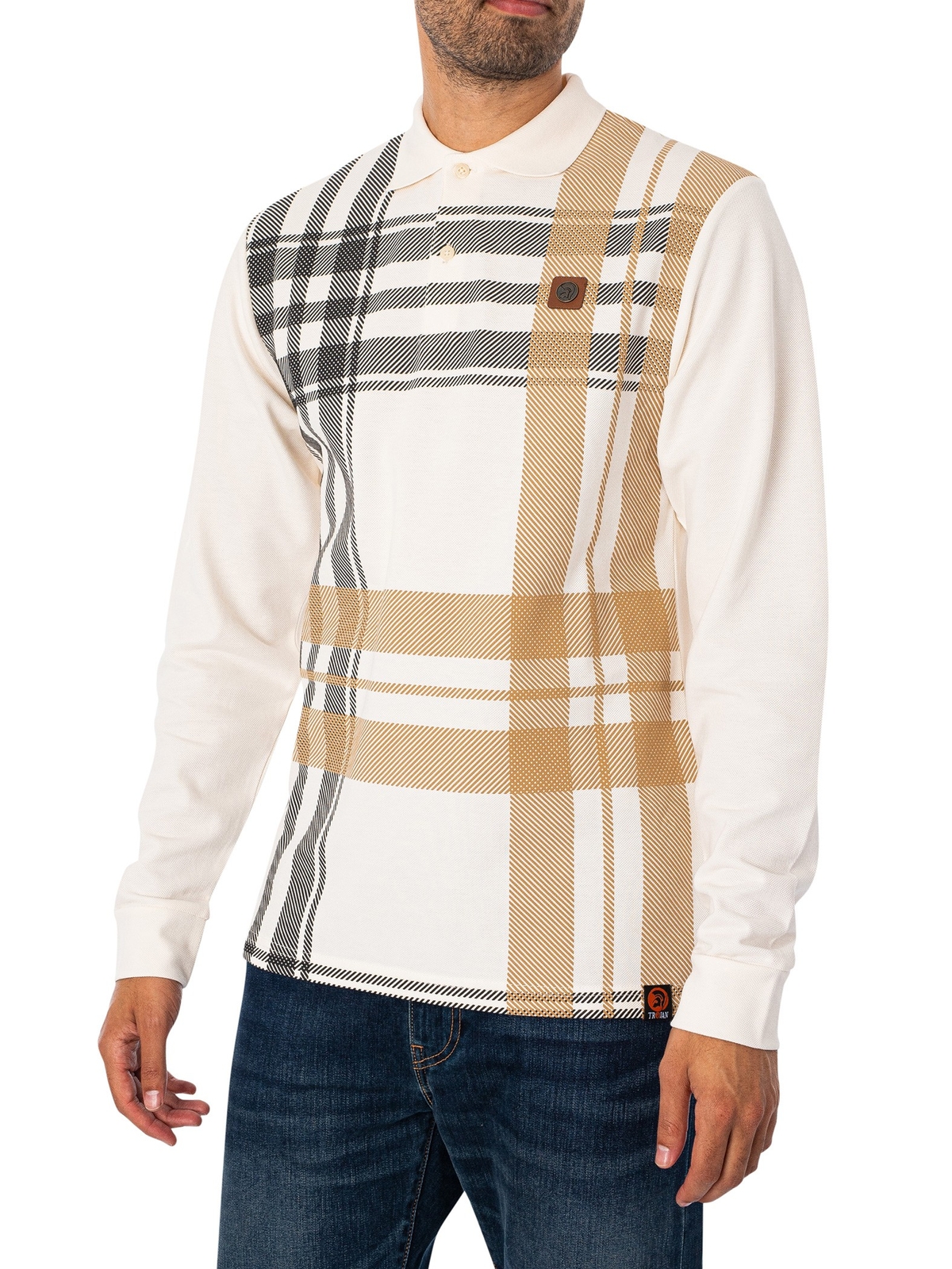 Мужская рубашка поло в клетку Trojan Oversize с длинными рукавами, белая