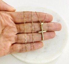 14K Real Yellow Gold 1" Cross Pendant with 0.5mm Box Chain Necklace - C3623
