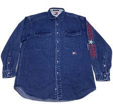 VTG TOMMY JEANS Sleeve Spell Out Flag Patch Denim Jean Shirt 90s Hilfiger Size M