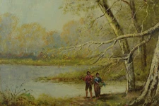 Beautableau Antique Couple at the Edge A Lake Barbizon Forest Jules Pascal 19e